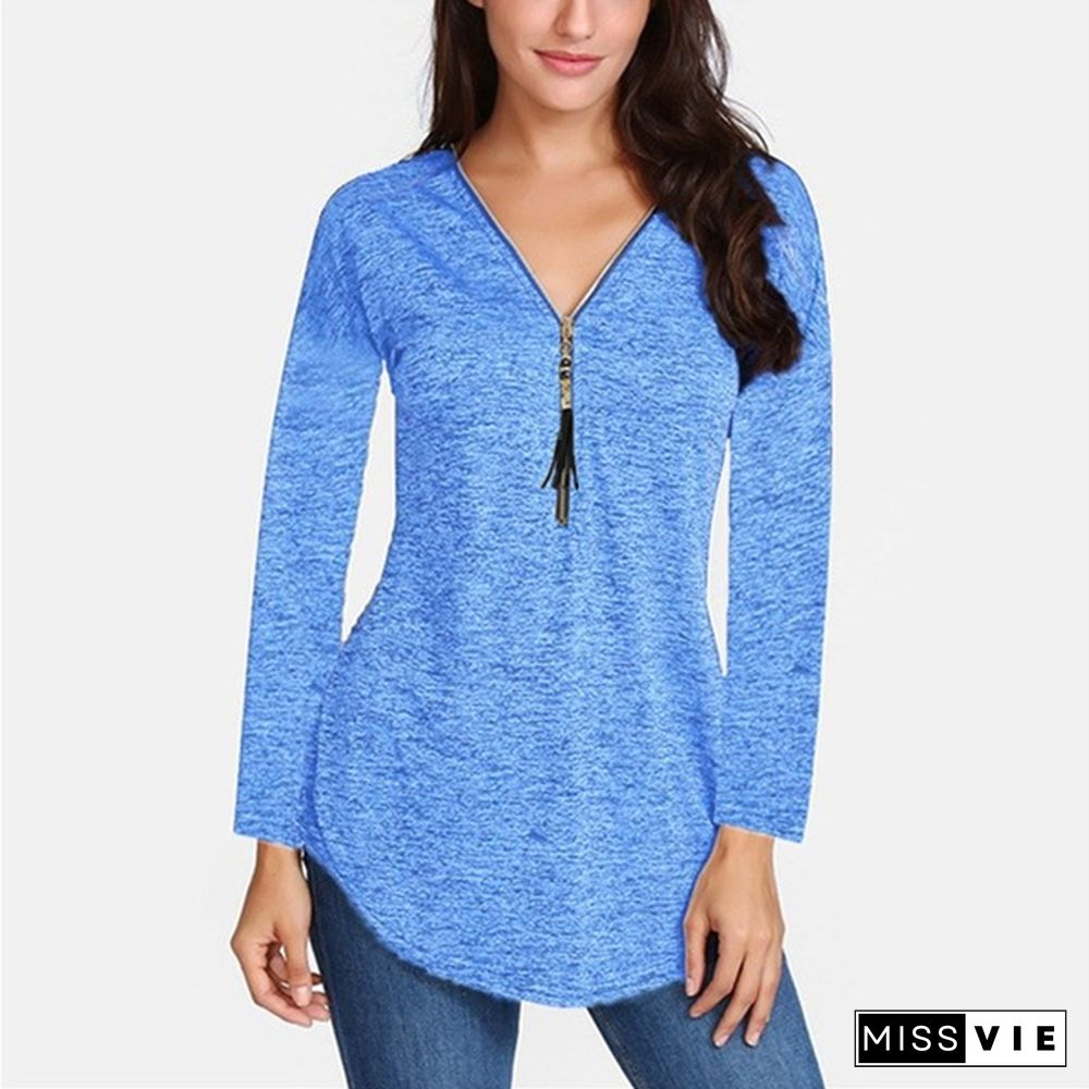 S-5XL Women Autumn Plus size Casual Loose V-neck Zippers Long sleeves Pure color Tops T shirts