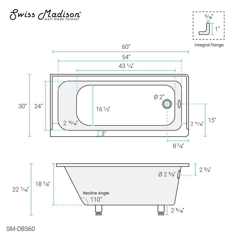 Swiss Madison Voltaire 60 x 30 in. Acrylic Right-Hand Drain with Integral Tile Flange Rectangular Drop-in Bathtub in white SM-DB560