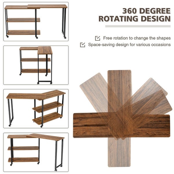 360° Rotating Sofa Side Table with Storage Shelves and Wheels - 49.5