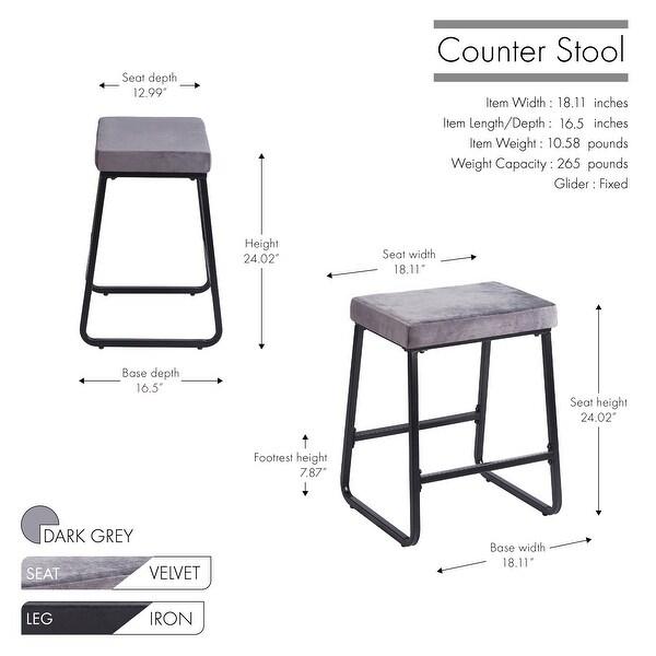 Porthos Home Sato Counter Stools Set of 2， Velvet Upholstery， Iron Legs