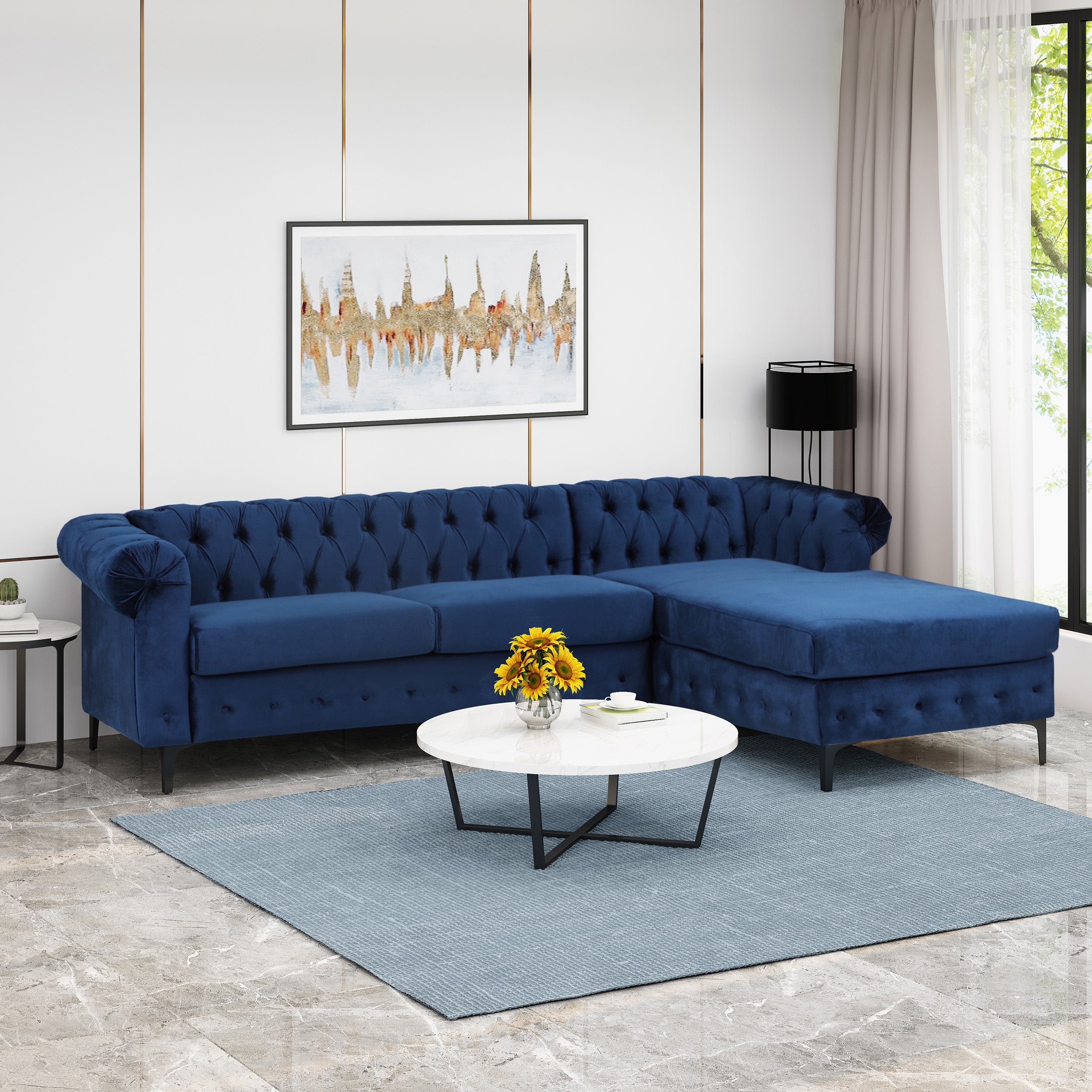 Juelz Contemporary Velvet 3 Seater Sectional Sofa with Chaise Lounge