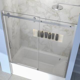 ES-DIY 56-60 in. W x 58 in. H Sliding Semi Frameless Tub Door in Chrome with Clear Glass KJFXSD5658CH08V1