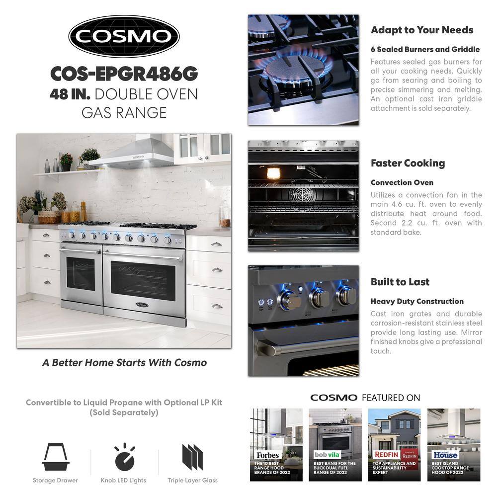 Cosmo 48 in. 6.8 cu. ft. Double Oven Commercial-Style Gas Range with Fan Assist Convection Oven in Stainless Steel COS-EPGR486G