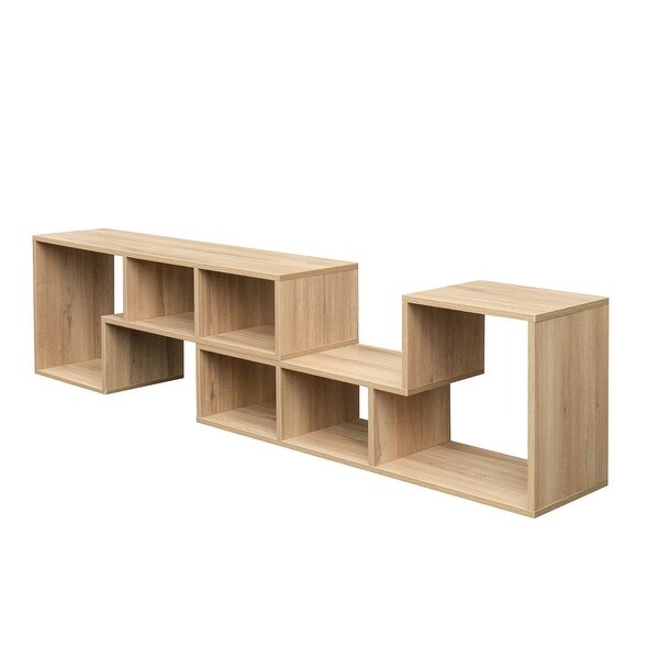 Living Room Bookcase Double L-Shaped Low Floor TV Stand with Multi Display Storage ShelvesandOpen Cubes Compartments，Natural