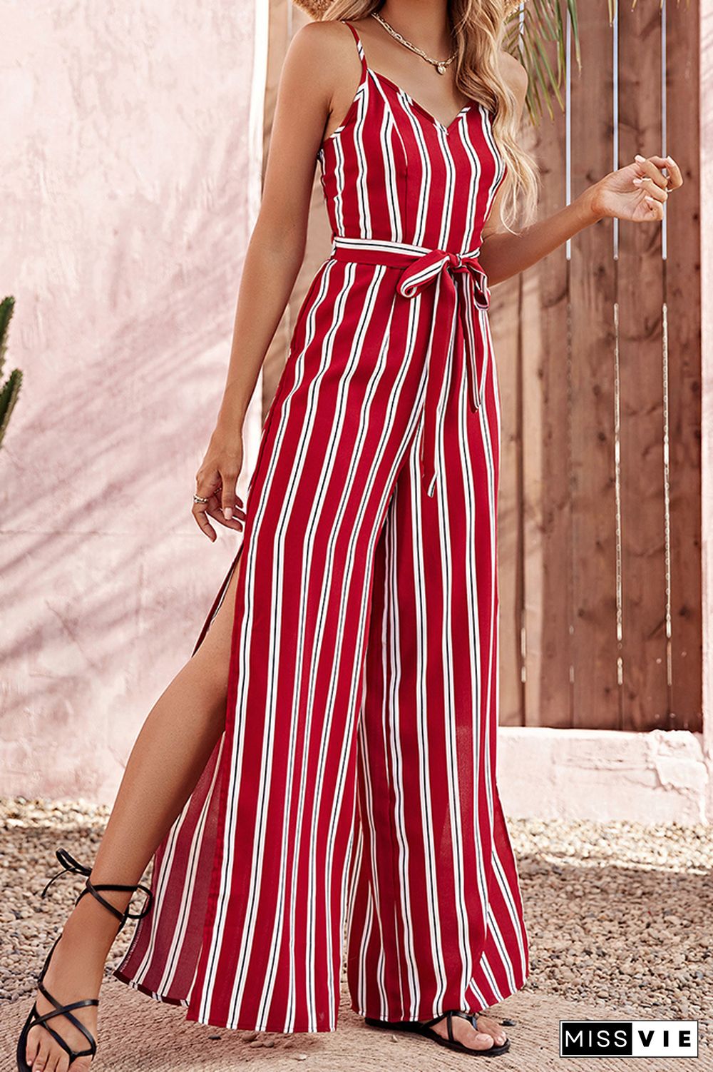 Red Striped Split Long Pants Jumpsuit Wholesale