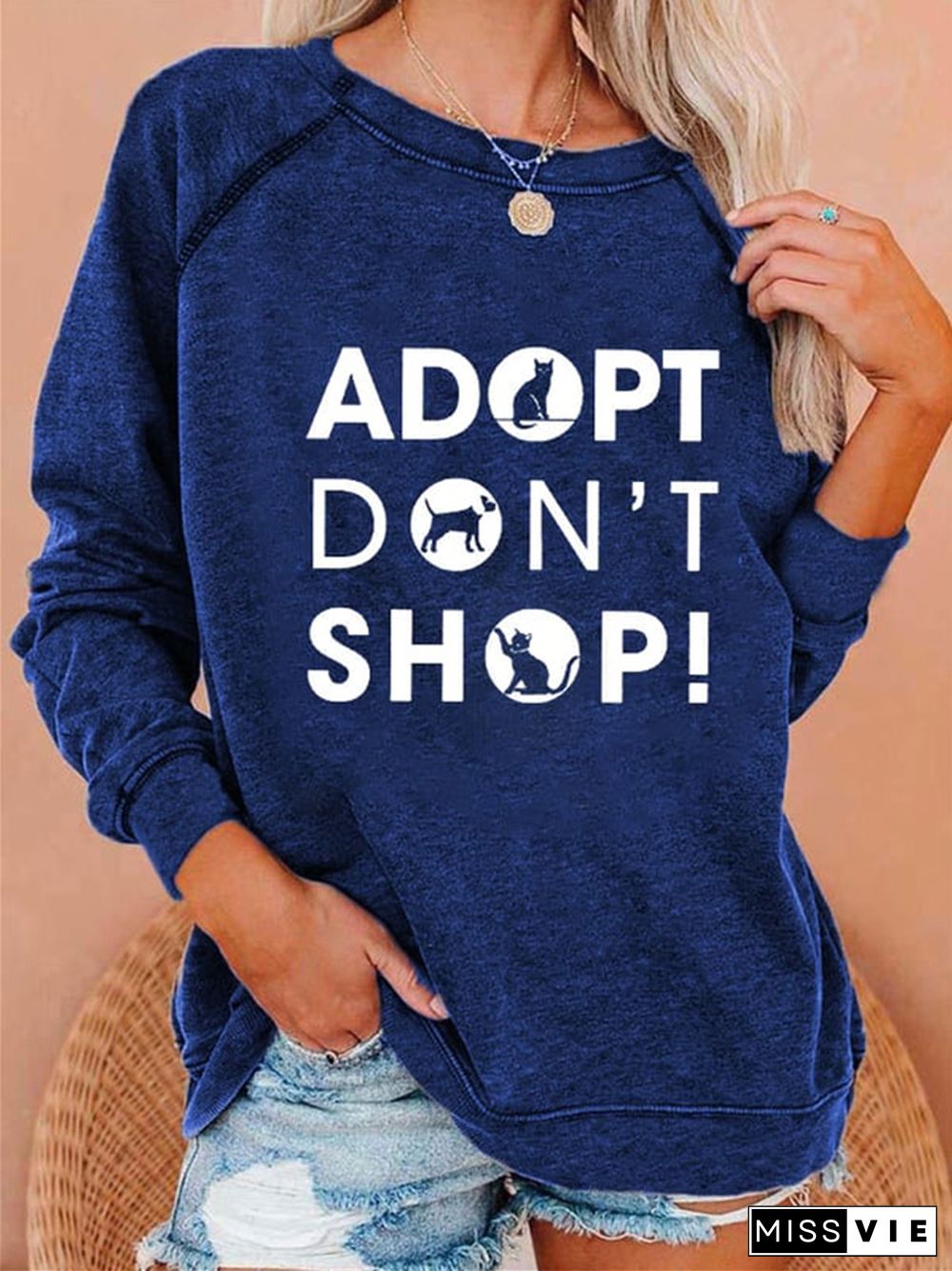 Adopt Don't Shop Print Casual Crewneck Sweatshirt