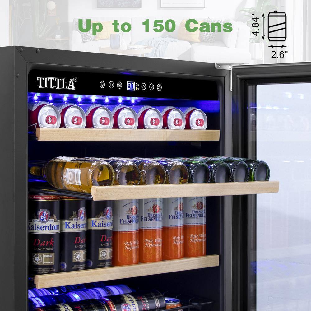 TITTLA 23.47 in. Single Zone 150-Cans Beverage Cooler in Silver Garage Ready Childproof Lock Reversible Door Hinge Blue LEDs KMBR150