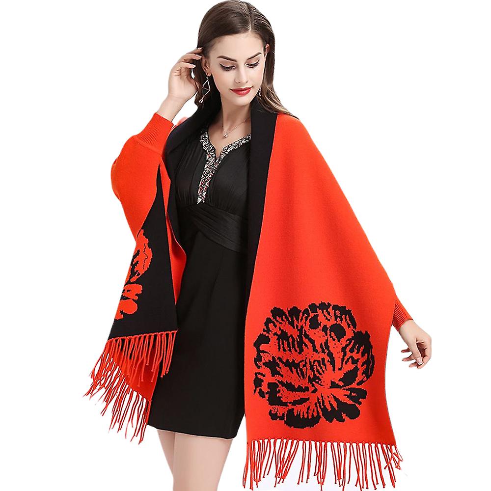 Women Floral Printed Knitted Shawl Cape With Sleeves