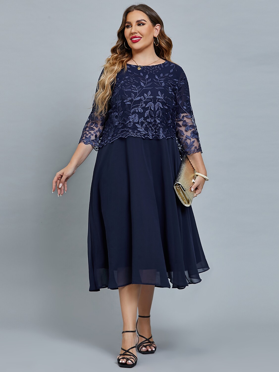 Women's Plus Size Curve Party Dress Floral Crew Neck Mesh 3/4 Length Sleeve Winter Fall Elegant Prom Dress Maxi long Dress Formal Party Dress / Lace
