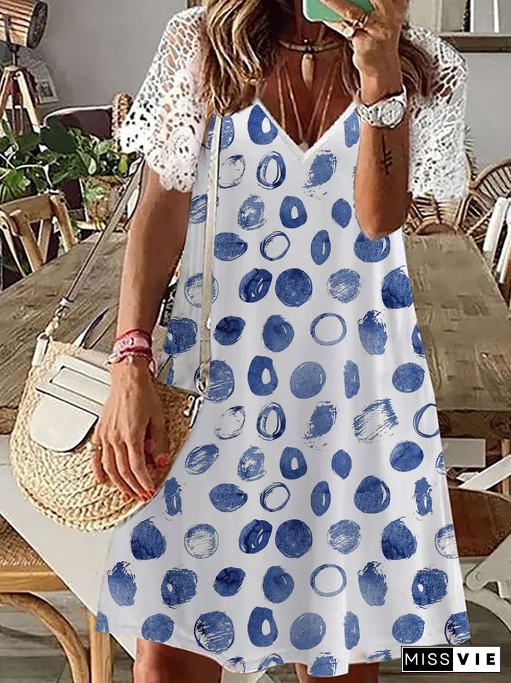 Casual Loose Print Women Summer Dress Sexy V Neck Hollow Out Party Boho Dresses New Lace Short Sleeve Stitching Beach Mini Dress