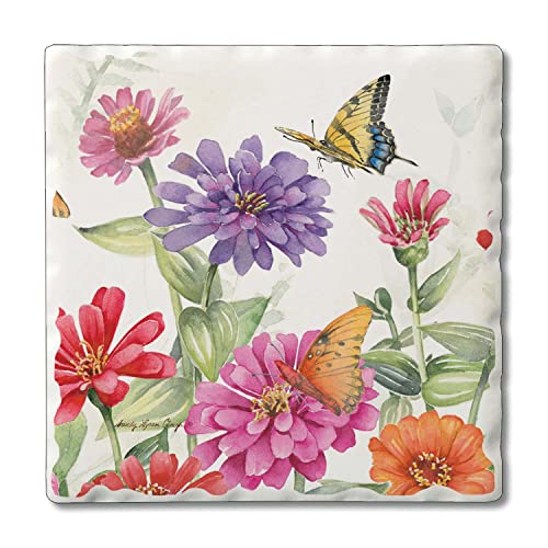 CounterArt Zinnias and Butterflies Absorbent Stone Tumbled Tile Coasters in Wooden Holder