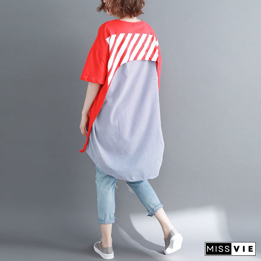 baggy red pure linen cotton blouse casual shirts boutique o neck striped Batwing Sleeve cotton clothing