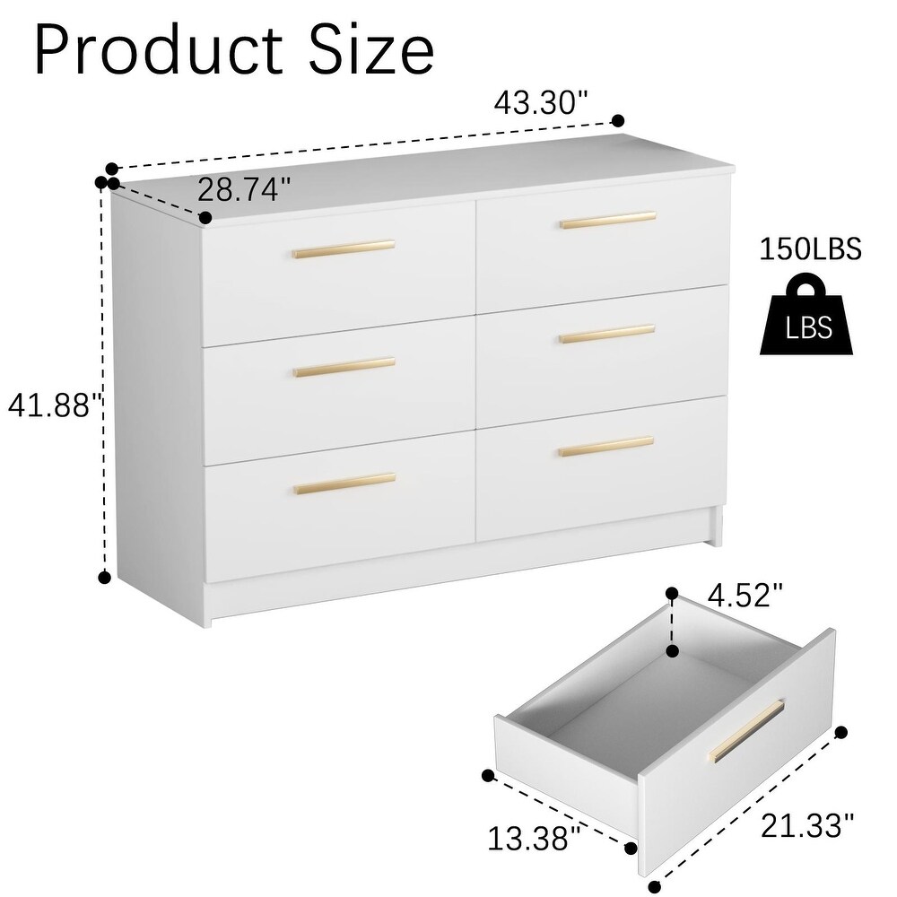 6 Wood Chest of Drawers with Large Space  Storage Organizer for Bedroom Tall Dresser with Modern Metal Handles  White