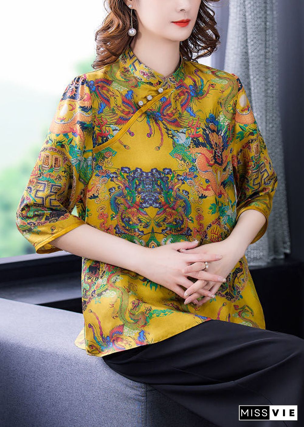 Chinese Style Yellow Stand Collar Print Silk Shirt Top Half Sleeve