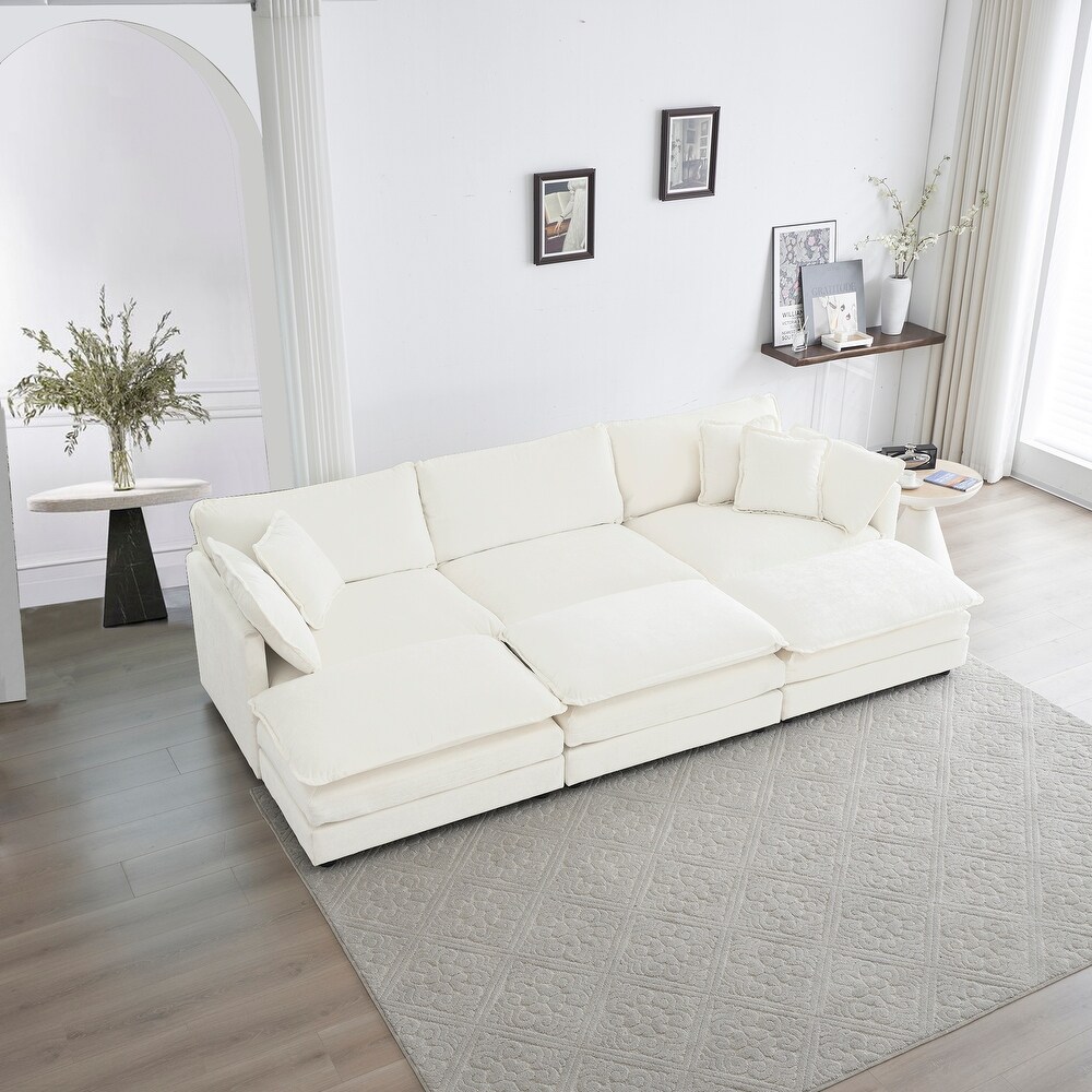 White Chenille Reversible Sectional Sofa Sleeper Couch w/ Pillows