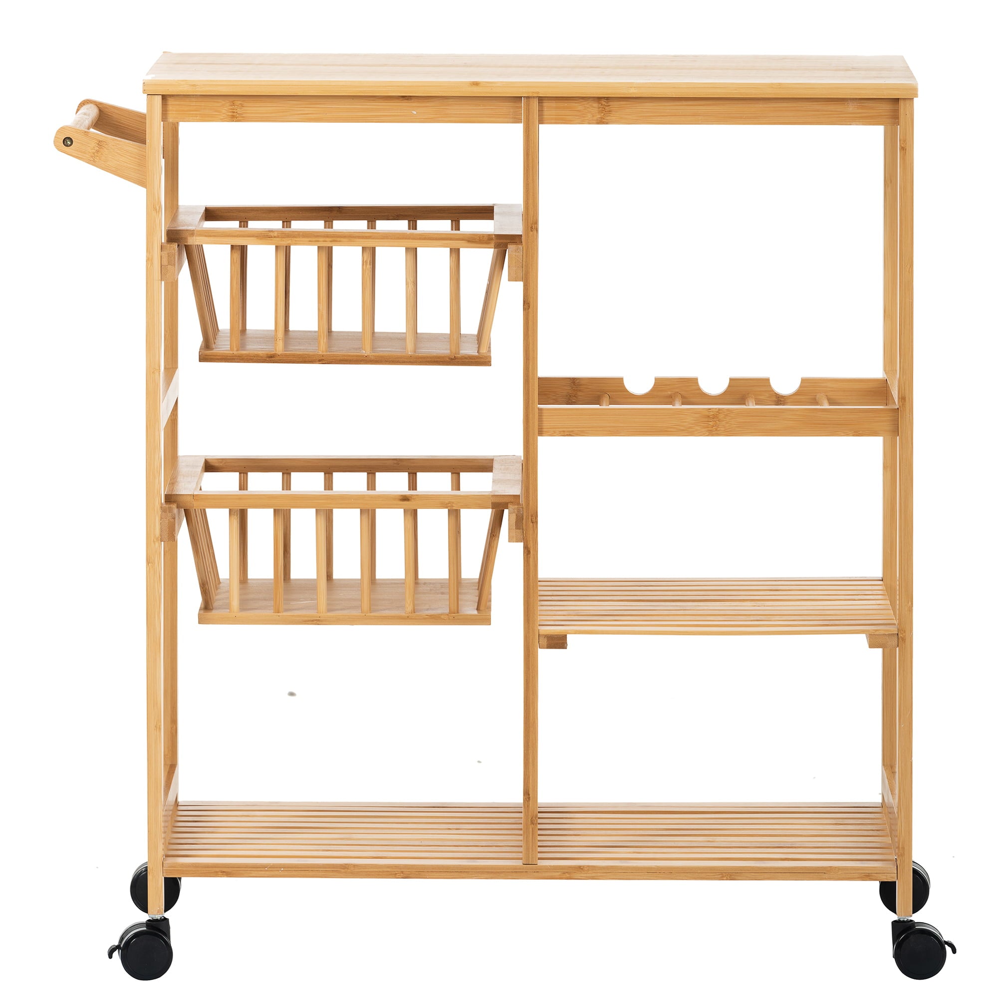 uhomepro Kitchen Rolling Microwave Cart on Wheels， Microwave Oven Stand Storage Cart on Wheels， Mobile Kitchen Cart， Bamboo Food Pantry Carts with Wine Rack， 3 Shelves， 2 Baskets