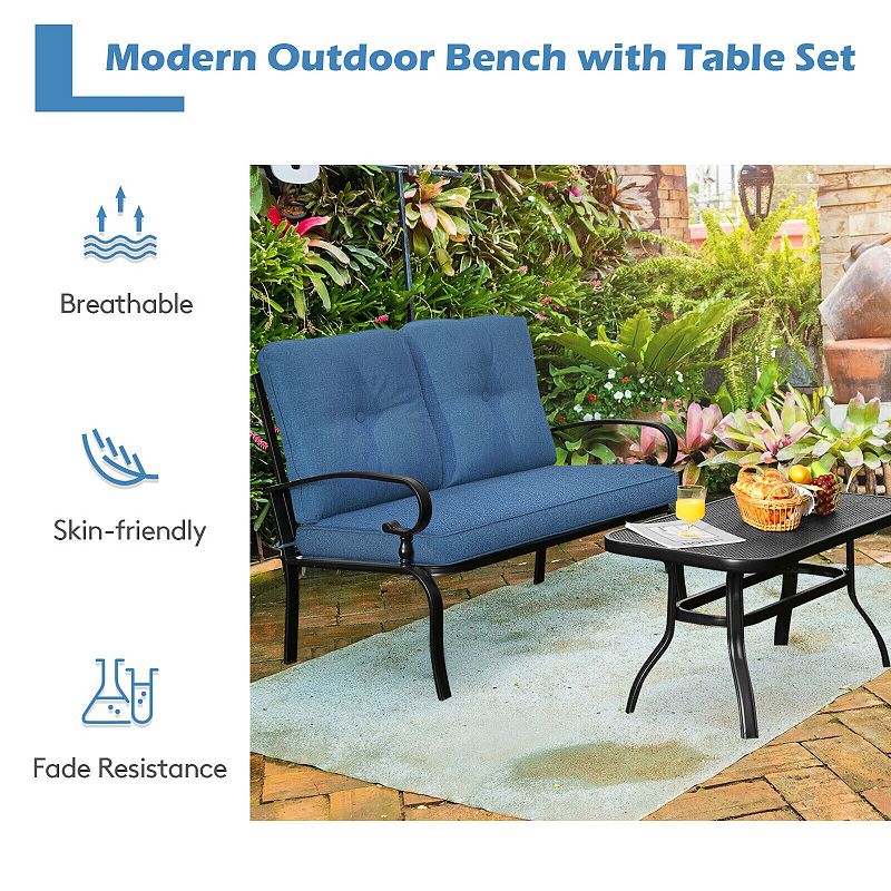 2 Pieces Patio Loveseat Bench Table Furniture Set with Cushioned Chair