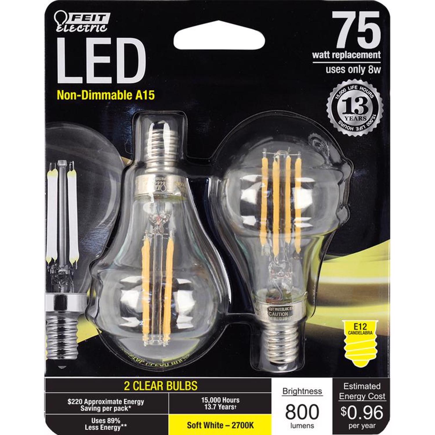 Feit LED A15 E12 (Candelabra) Filament LED Bulb Soft White 75 Watt Equivalence 2 pk