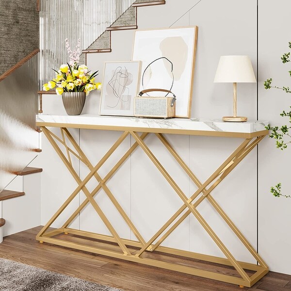 Modern Entryway Hallway Table with Diamond-Shaped Gold Metal Legs