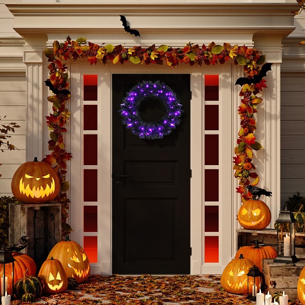 Costway 24inch Pre lit Christmas Halloween Wreath Black W 35 Purple Led Lights