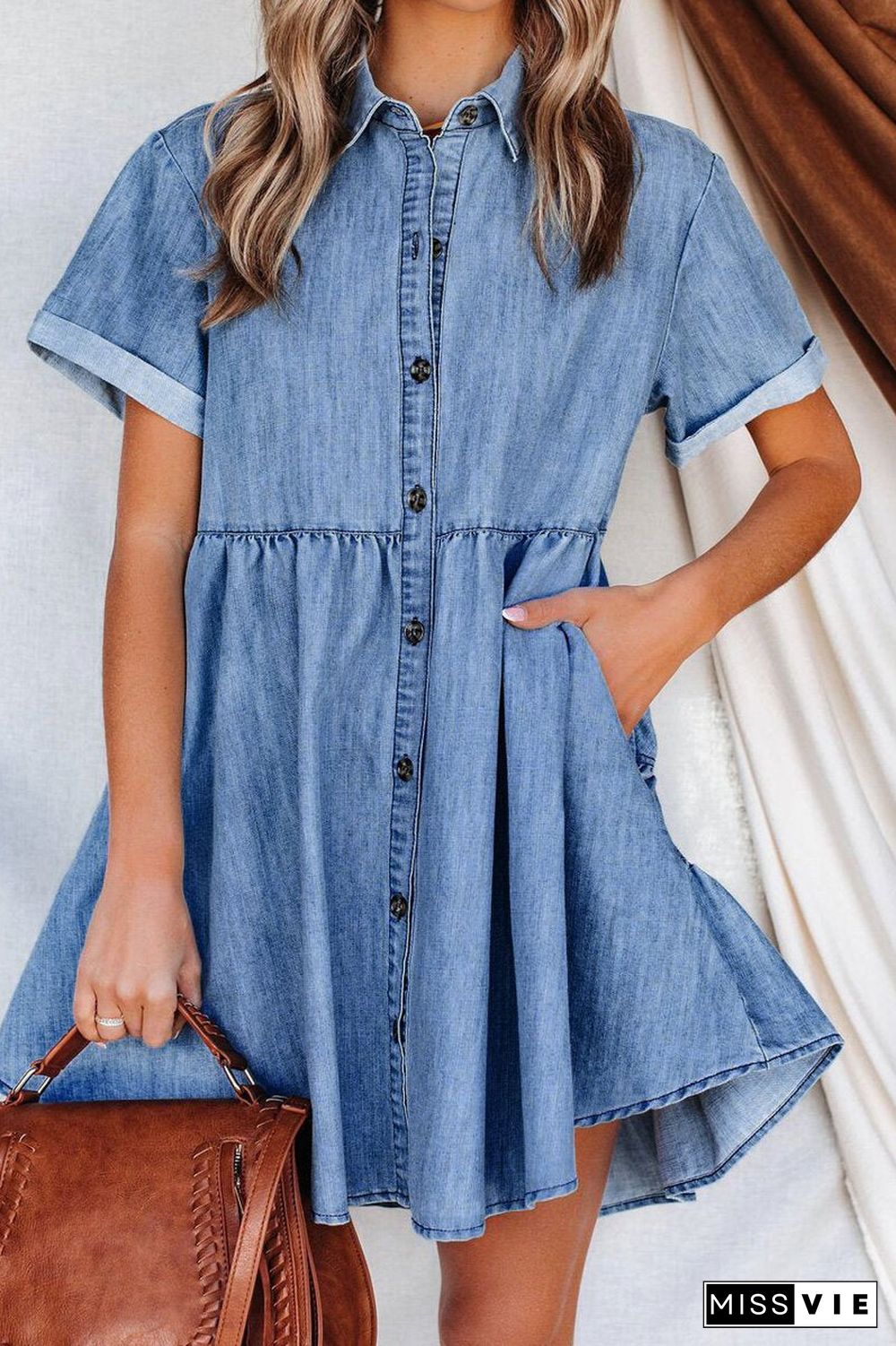 Denim Single-Breasted Shirt Pleated Dress