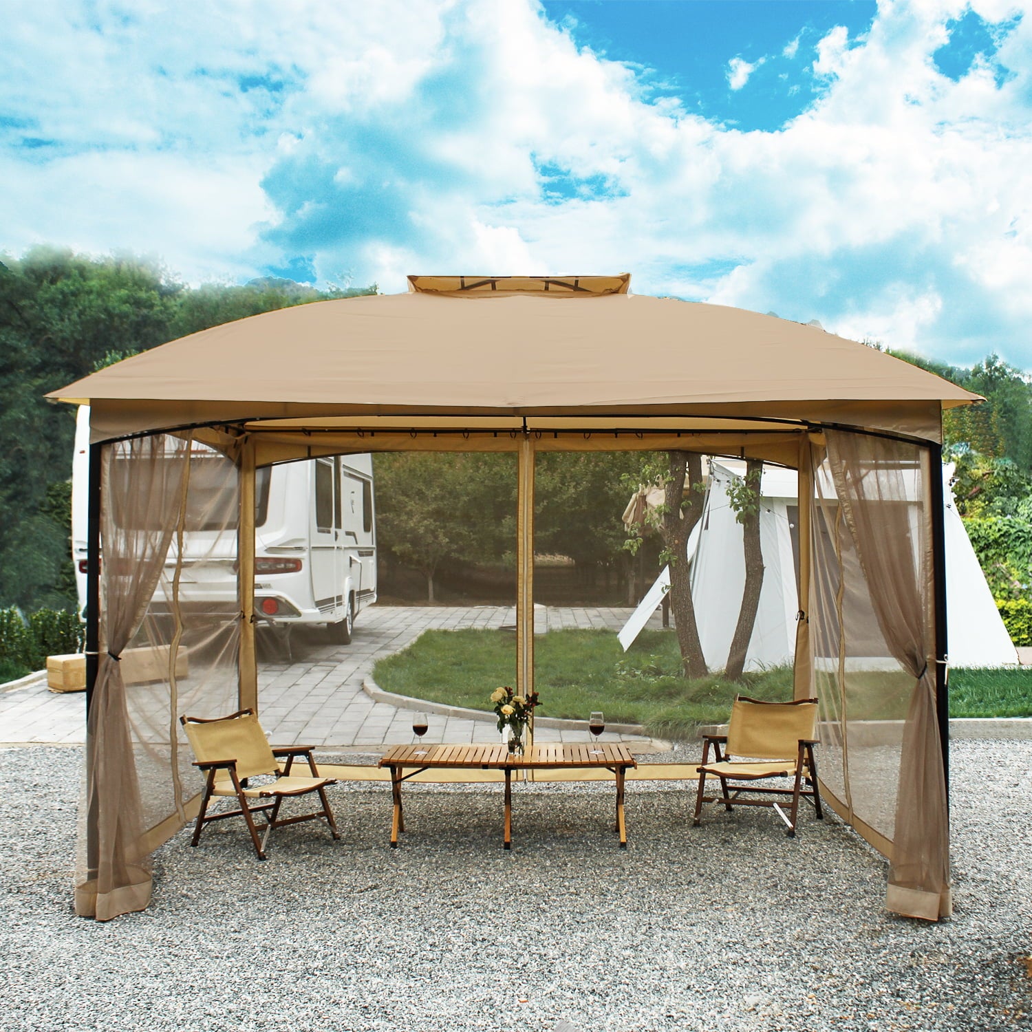 DikaSun Gazebo 2023 Upgrated 12 Ft. W x 10 Ft. D Metal Patio Gazebo Double Vented Roof Metal Frame Outdooor Grill Canopy (Beige)