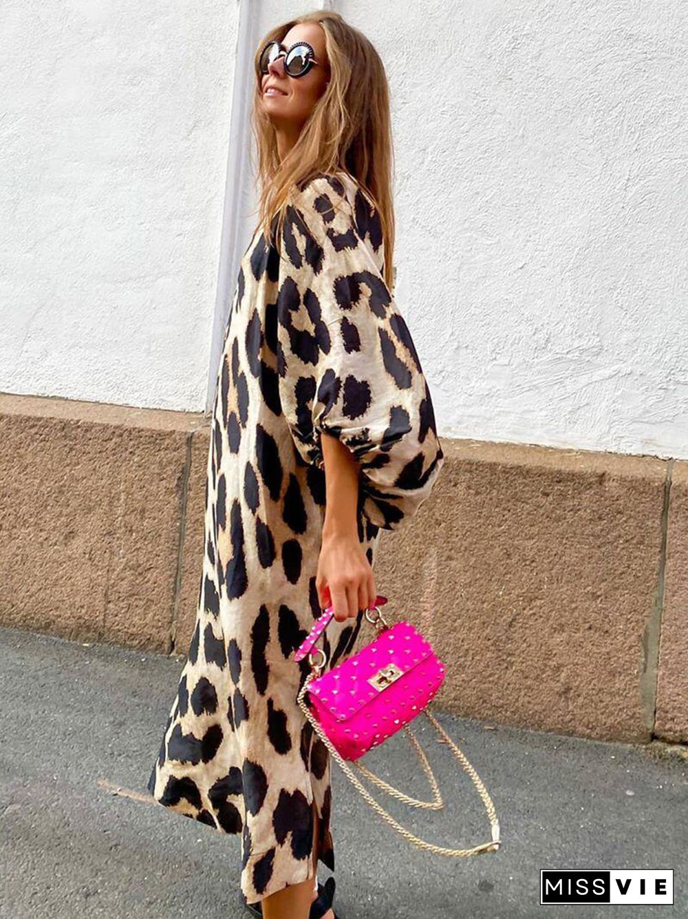 Fashion Leopard Print Loose Lantern Sleeve Dress Long Skirt