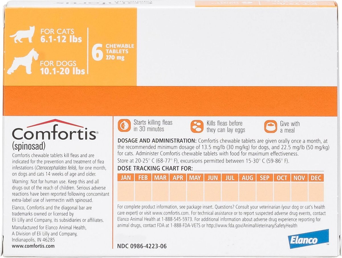 Comfortis Chewable Tablet for Dogs， 10.1-20 lbs， and Cats， 6.1-12 lbs， (Orange Box)