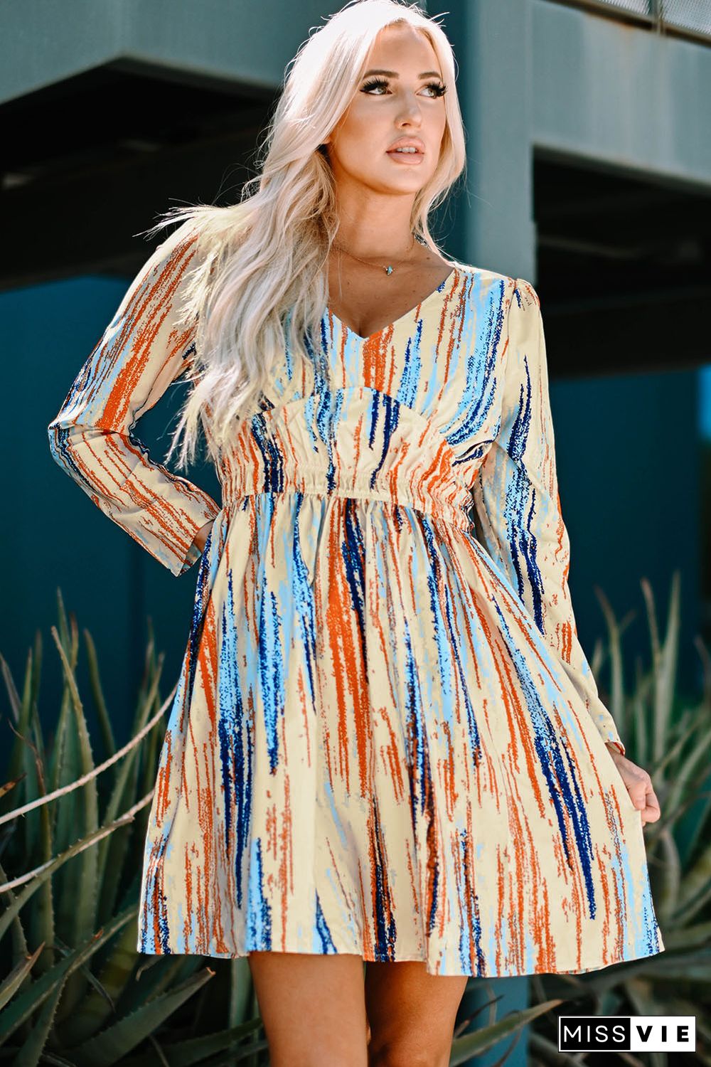 Multicolor Watercolor Printed Long Sleeve Mini Dress