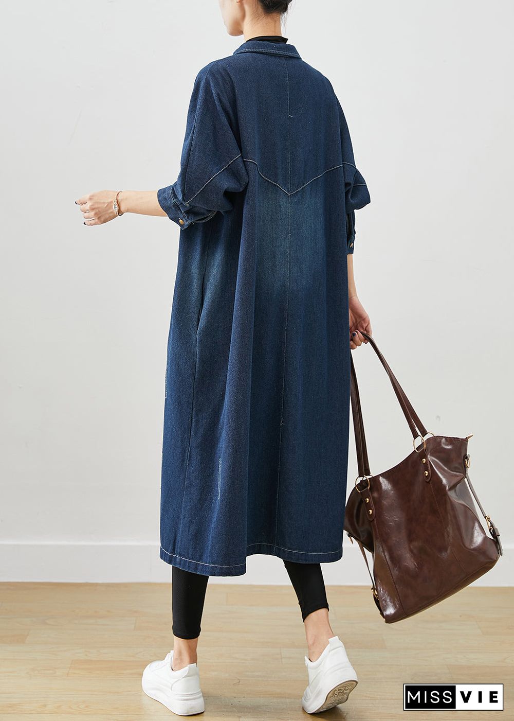 Navy Denim Trench Coats Oversized Pockets Fall