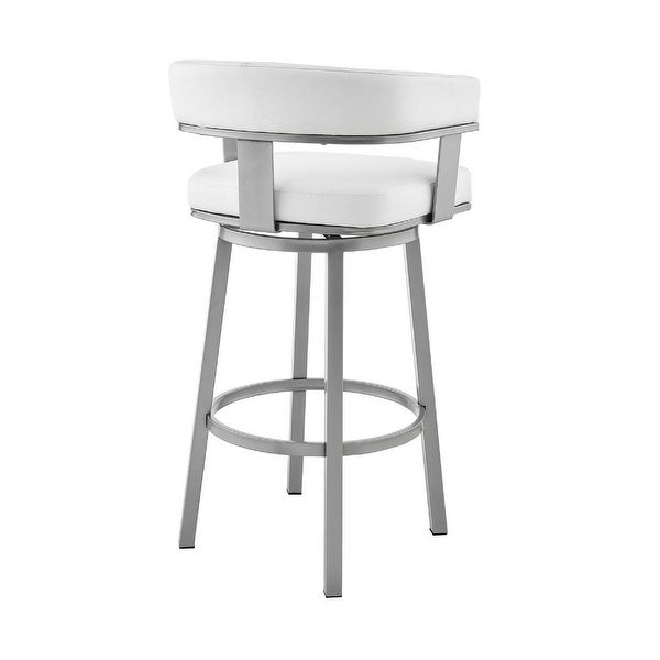 Swivel Barstool with Curved Open Back and Metal Legs， Silver and White