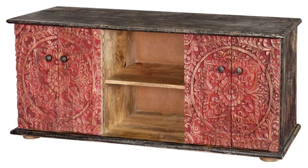 Los Angeles Red Intricately Designed 4 Door Rustic Media Console   Farmhouse   Entertainment Centers And Tv Stands   by Sierra Living Concepts Inc  Houzz