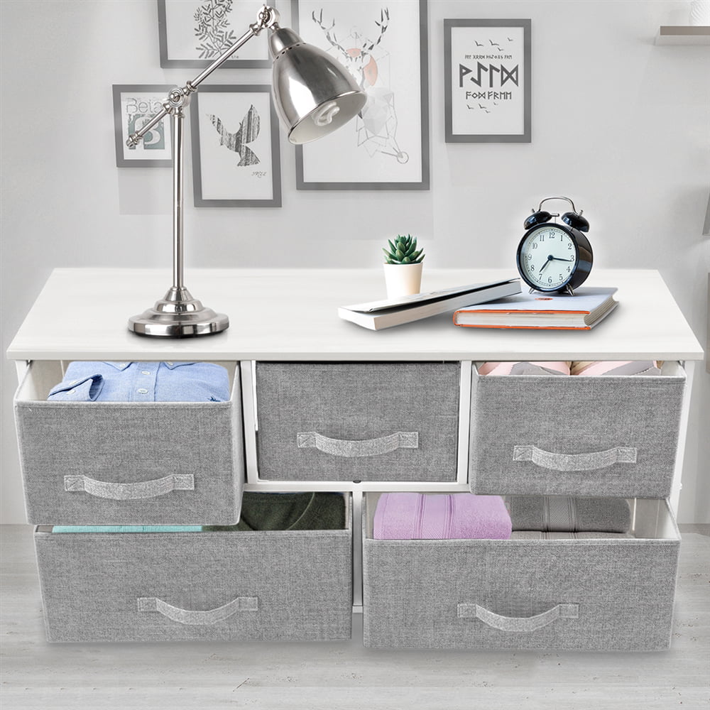 Bigroof Dresser Storage Organizer, Fabric Drawers Closet Shelves for Bedroom Bathroom Laundry Steel Frame Wood Top with Fabric Bins for Clothing Blankets Plush Toy (Light Gray-5 Drawers White Top)