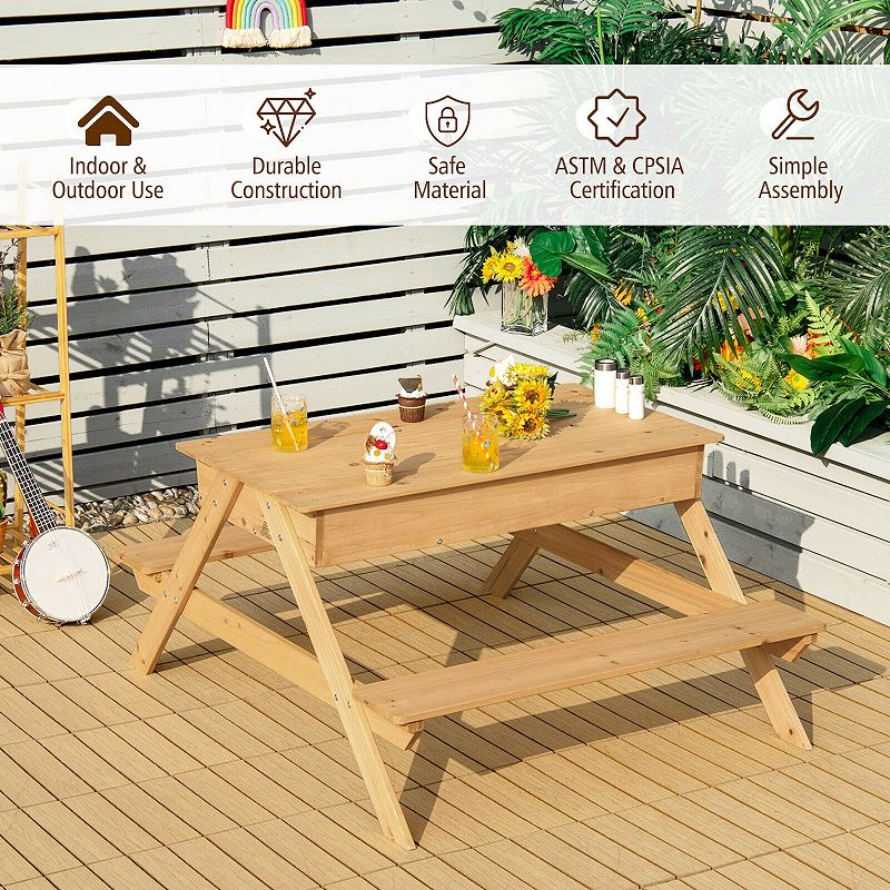 3-in-1 Kids Picnic Table Wooden Outdoor Water Sand Table with Play Boxes