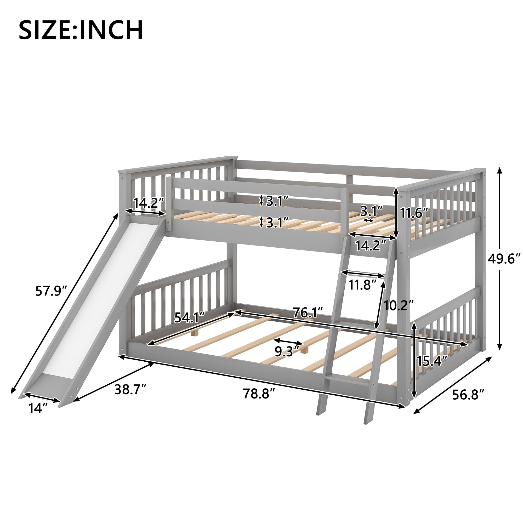 Euroco Full over Full Floor Bunk Bed with Slide and Ladder for Kids Bedroom, Gray