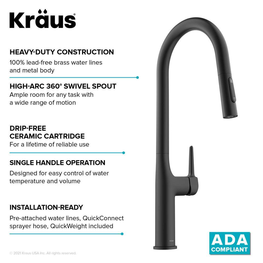 KRAUS Oletto Single Handle Pull Down Sprayer Kitchen Faucet in Matte Black KPF-3101MB