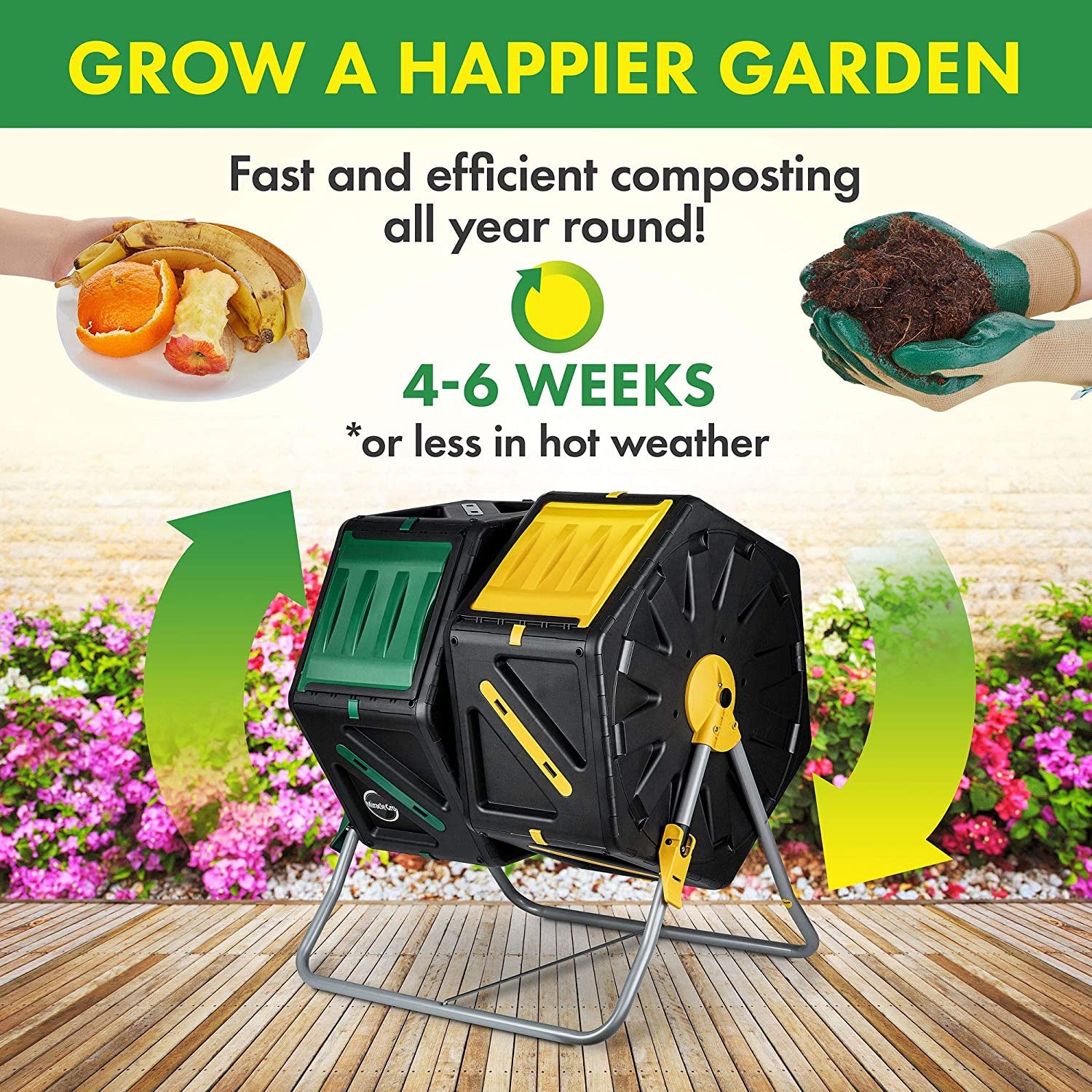 ASSJ Dual Chamber Compost Tumbler – Easy-Turn, Fast-Working System – All-Season, Heavy-Duty, High Volume Composter with 2 Sliding Doors - (2 – 18.5gallon /70 Liter)