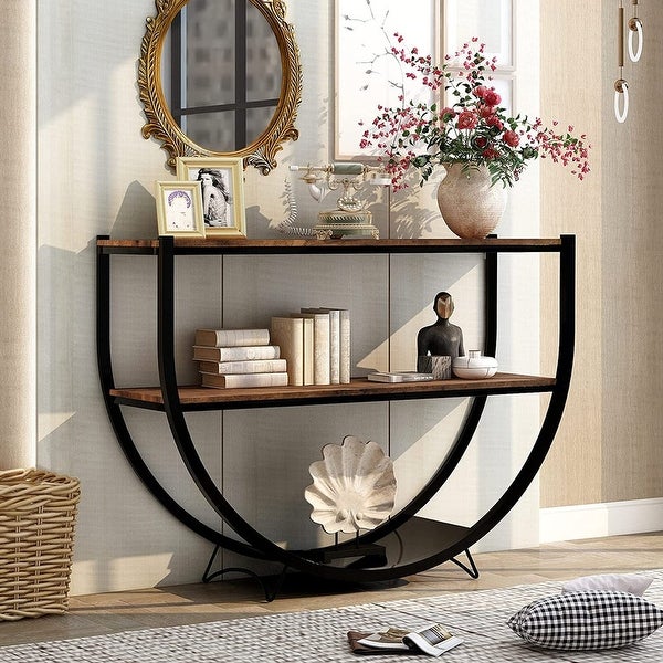 Industrial Sofa Console Table， Metal Demilune Shape Sofa Display Table with Three Shelves， Foyer Table for Hallway， Corridor