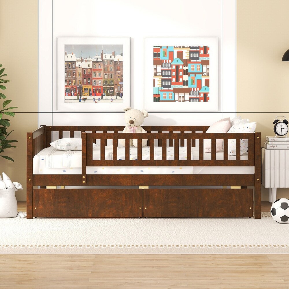 Full Size Daybed with 2 Drawers and Fence Guardrails  Sturdy Pine Wood Sofa Bedframe for Maximized Space and Comfort  Walnut