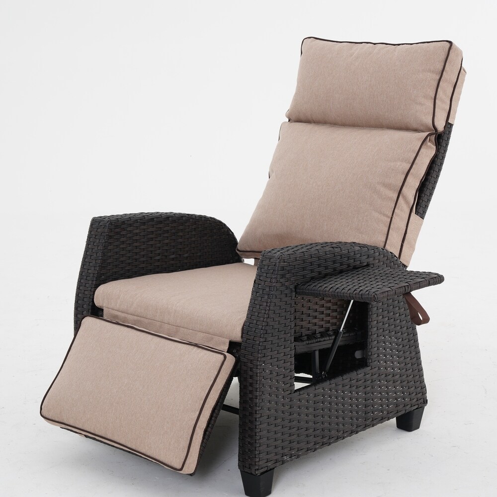 Outdoor PE Wicker Rattan Recliner Chair with Flip Table and Cushion  Flax   26.38×31.1×40.55 inch