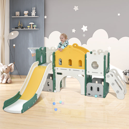 CHURANTY Kids Slide Playset Structure Indoor ， Castle Climber with Slide and Basketball Hoop，  Kids Climbers Playhouse for Outdoor Playground Activity，Toy Storage Organizer for Toddlers， Green