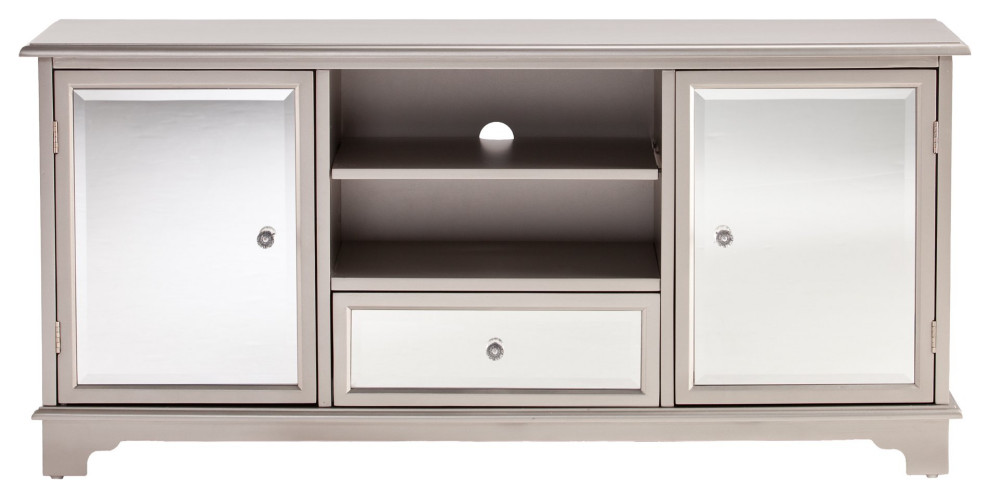 Contemporary TV Stand  Beveled Mirror Accents With Crystal Knobs  Silver Finish   Transitional   Entertainment Centers And Tv Stands   by Declusia  Houzz