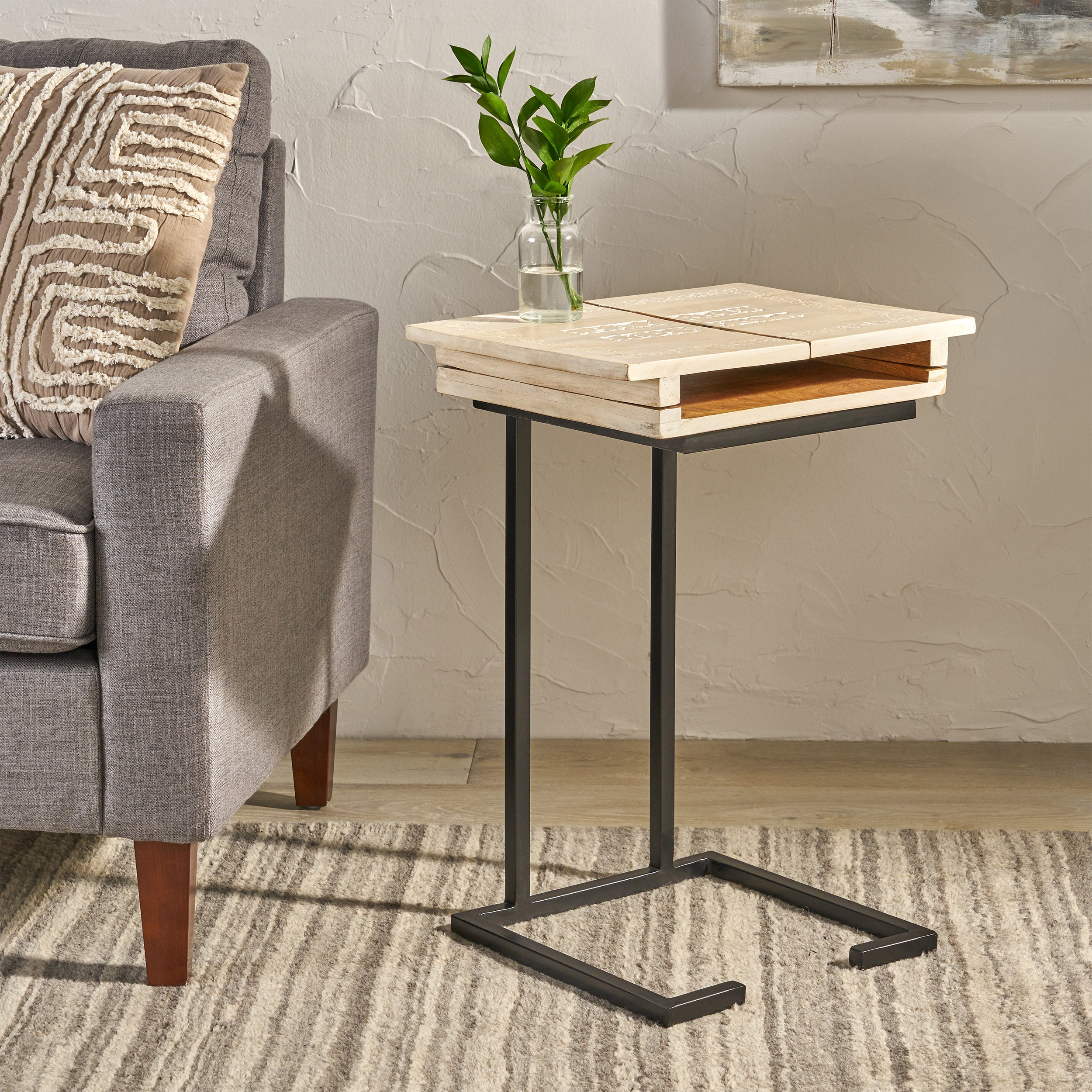 Akeema Industrial Mango Wood C-Shaped End Table