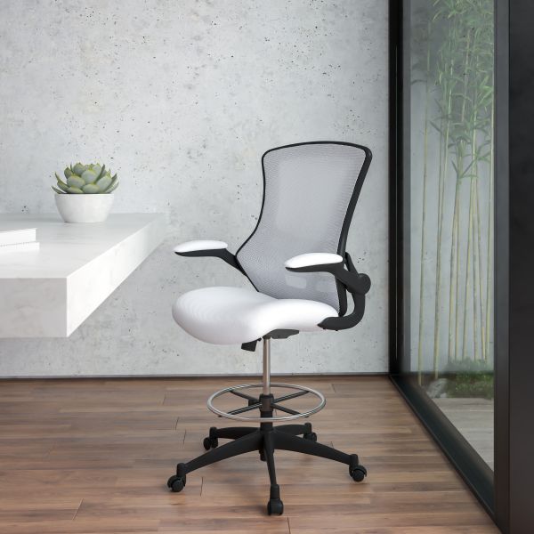 Kelista Mid-Back White Mesh Ergonomic Drafting Chair with Adjustable Foot Ring and Flip-Up Arms