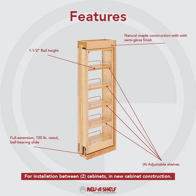 Rev-a-shelf Pull Out Wall Filler Cabinet Wooden Organizer， 36 Hgt， 432-wf36-6c