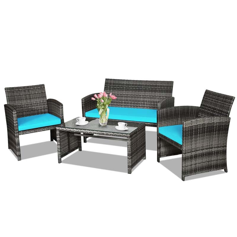 4 Pcs Rattan Wicker Patio Furniture Sets, Outdoor Conversation Sets with Loveseat, Table, Single Sofas