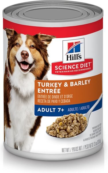 Hill's Science Diet Adult 7+ Turkey and Barley Entree Canned Dog Food， 13-oz， case of 12