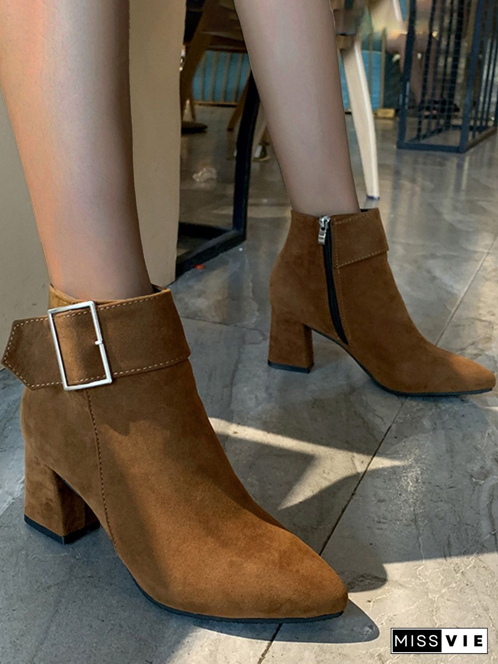 Chunky Heel Buckle Pointed-Toe Suede Martin Boots