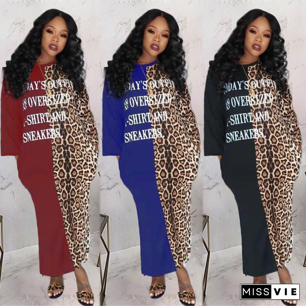 Casual Long Sleeve Leopard Letters Print Round Neck Loose Dress