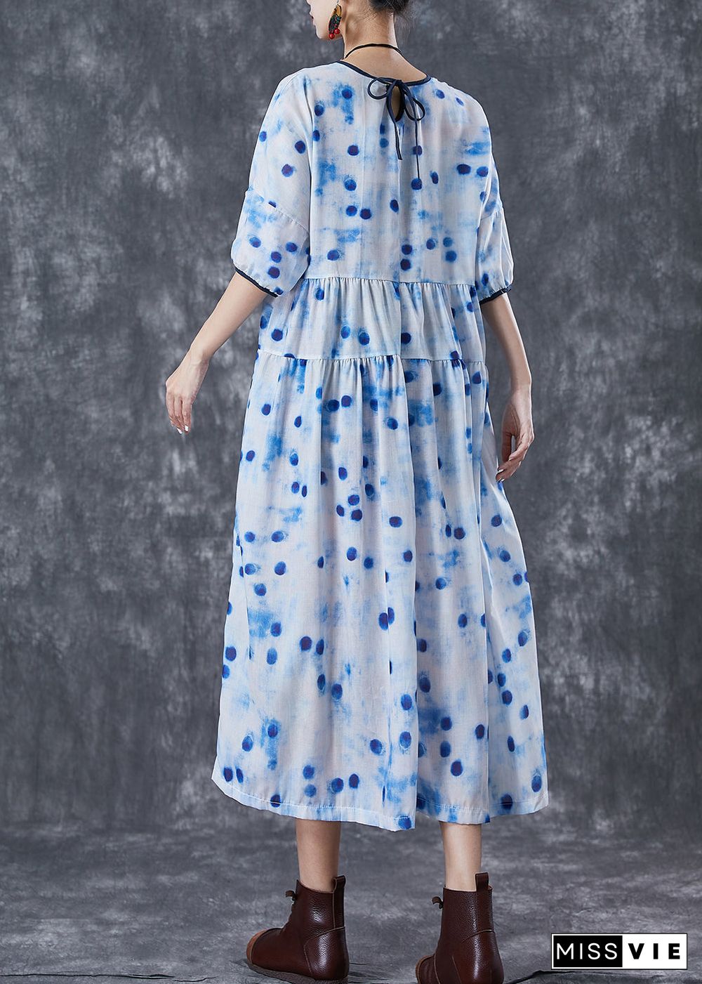 Elegant Blue Dot Oversized Patchwork Linen Maxi Dresses Summer